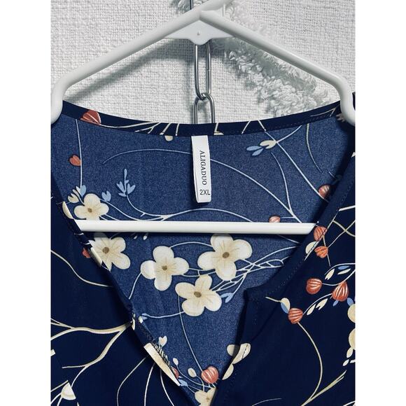 Aligaduo Summer Women’s V-neck Tunic Shirt Navy Floral 2XL - Picture 2 of 4